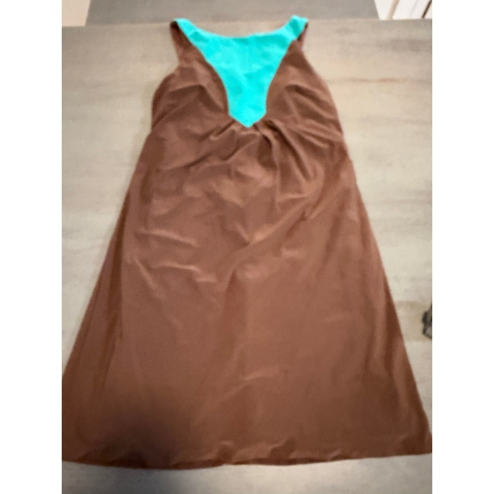 ABS Allen Schwartz Brown Turquoise V-Neck Sleeveless A-Line Dress Small 3580A76